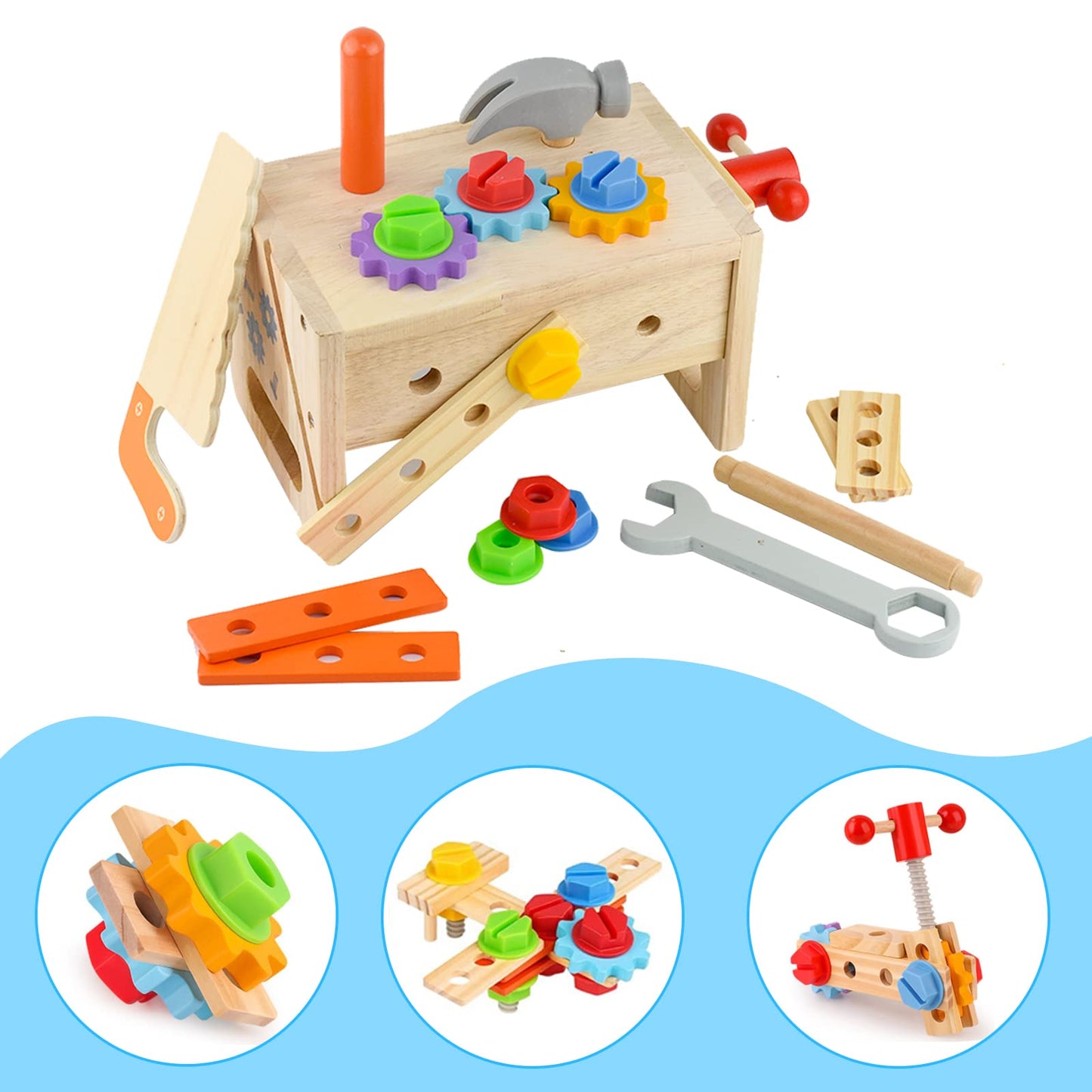 AiTuiTui™ Master-Builder | 29-Piece Montessori Wooden Tool Set & 3-in-1 Workbench