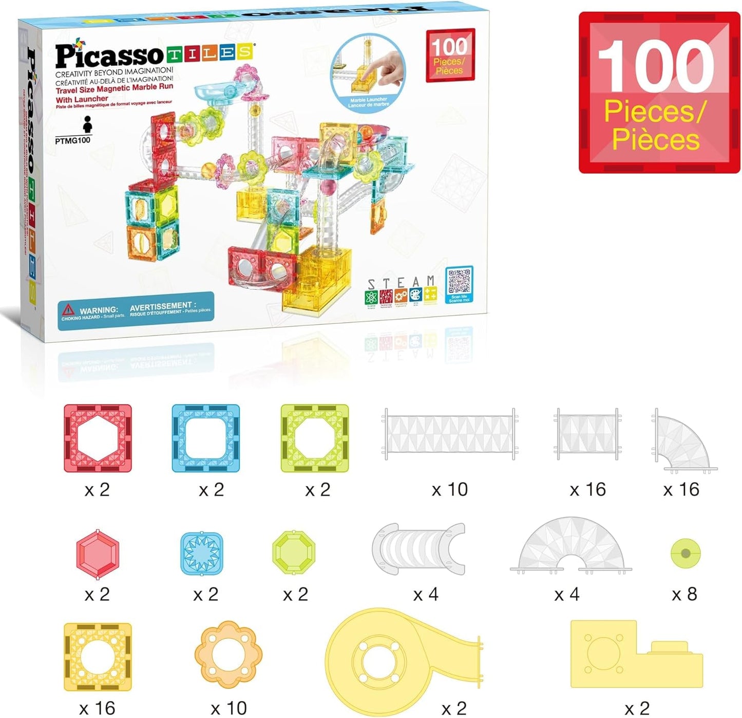 PicassoTiles PTMG100 Mini-Diamond | 100-Piece Magnetic Marble Run & STEM Race Track Set