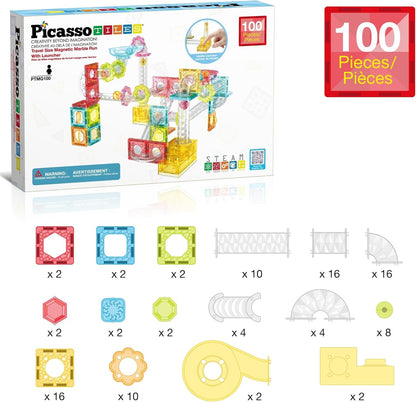 PicassoTiles PTMG100 Mini-Diamond | 100-Piece Magnetic Marble Run & STEM Race Track Set