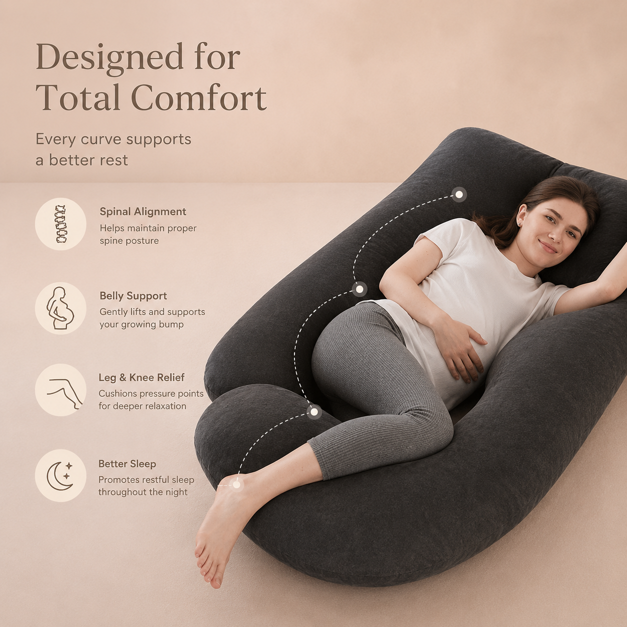 Pregnancy Pillow J-Shaped Full Body | The Materna-Cloud Luxe