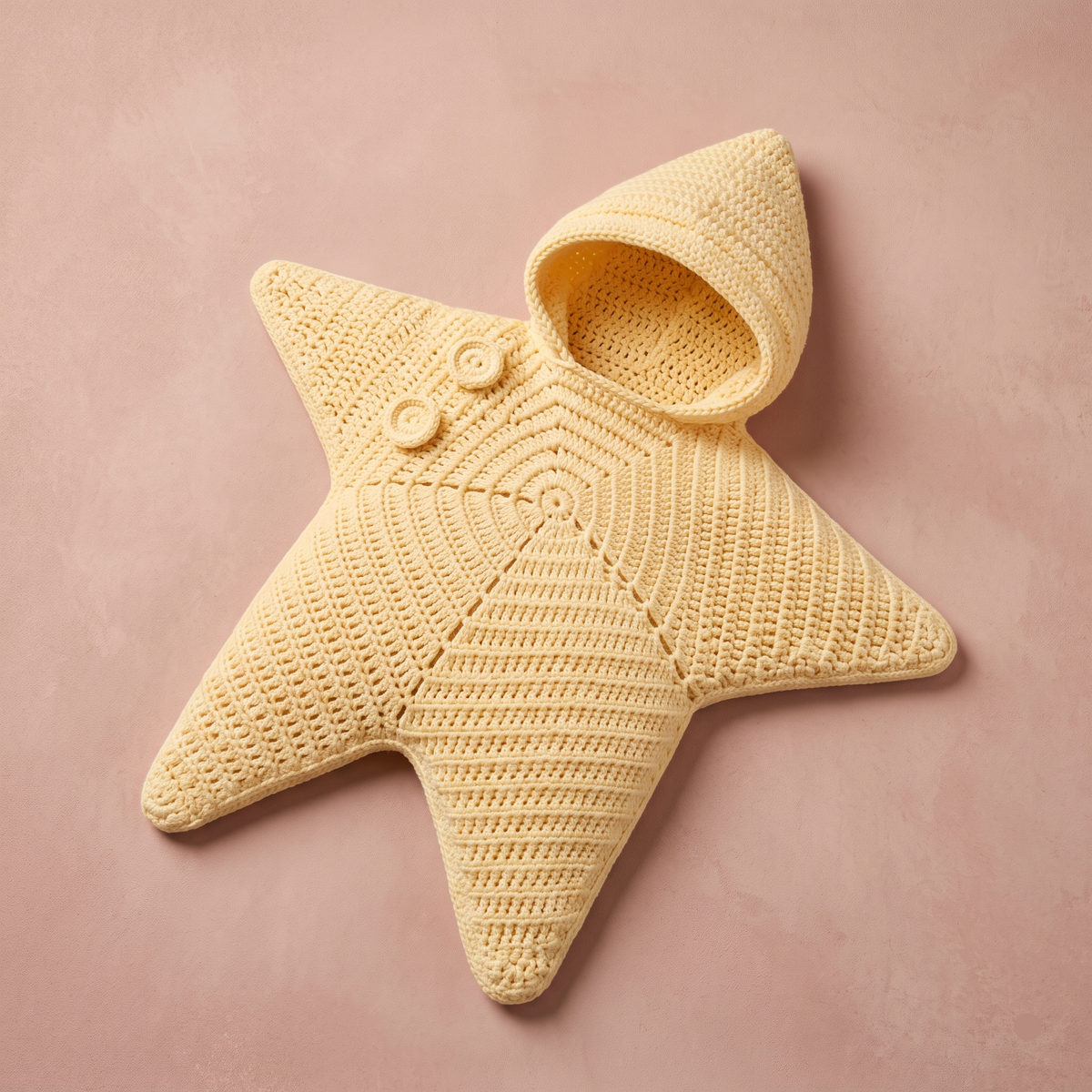 A pale yellow crocheted star-shaped baby blanket with a built-in hood and two decorative buttons, displayed on a textured dusty pink background.