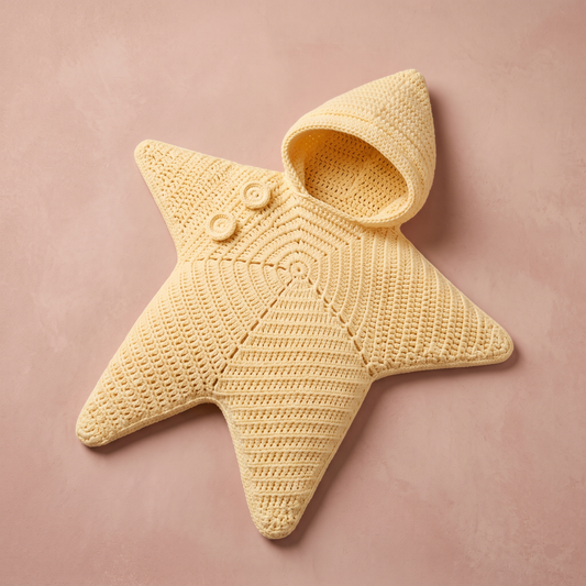 A pale yellow crocheted star-shaped baby blanket with a built-in hood and two decorative buttons, displayed on a textured dusty pink background.