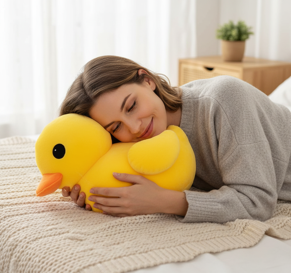Woman lying on a bed holding a large yellow duck-shaped pillow.
