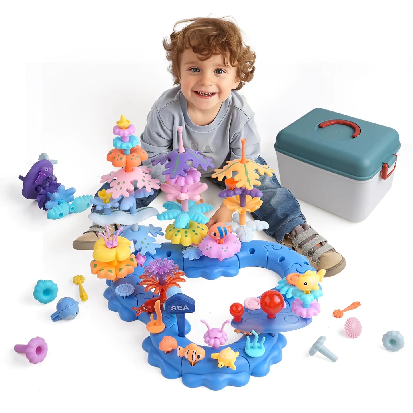 Wulumu™ Ocean Adventures | 96-Piece DIY Stacking & Building Set with Organizer Box