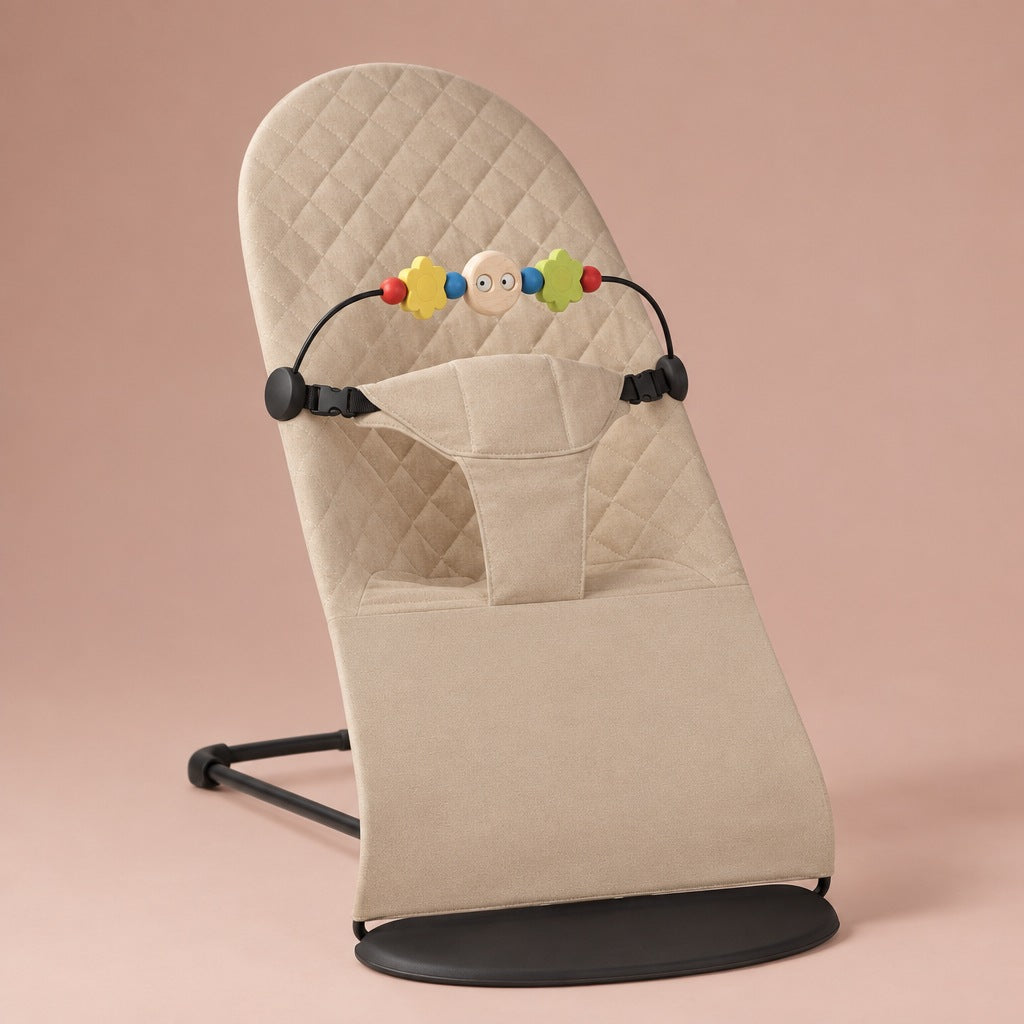 Khaki quilted cotton baby bouncer with wooden toy bar and black frame