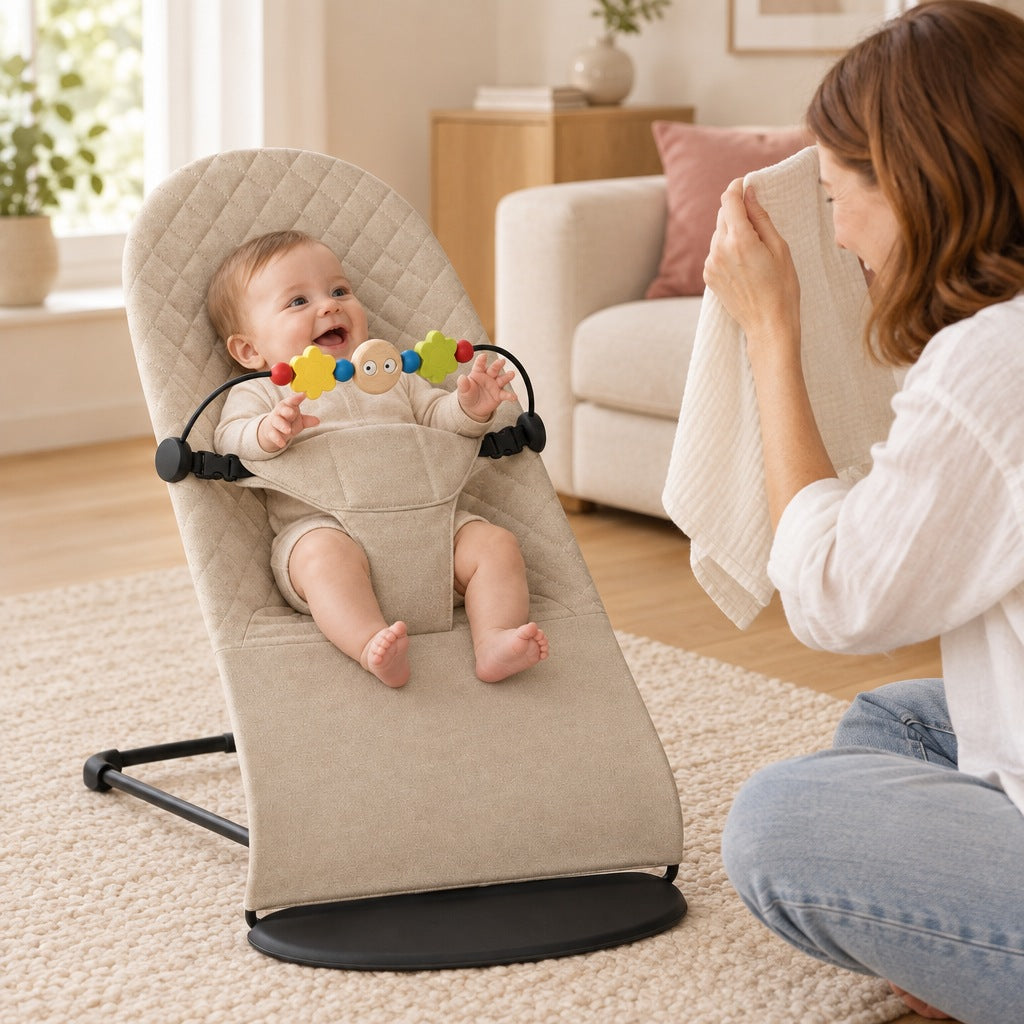 Baby laughing in the bouncer on the floor while mum plays peekaboo