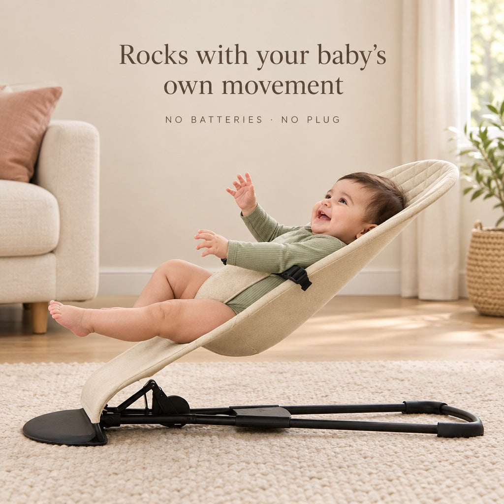 Side view of baby kicking in the bouncer - rocks with your baby's own movement, no batteries, no plug