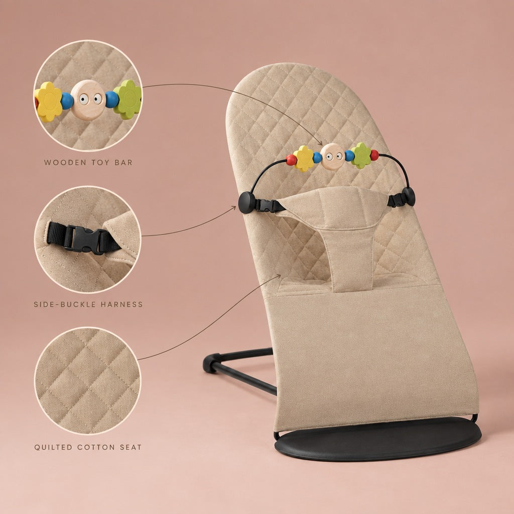 Baby bouncer details: wooden toy bar, side-buckle harness, quilted cotton seat