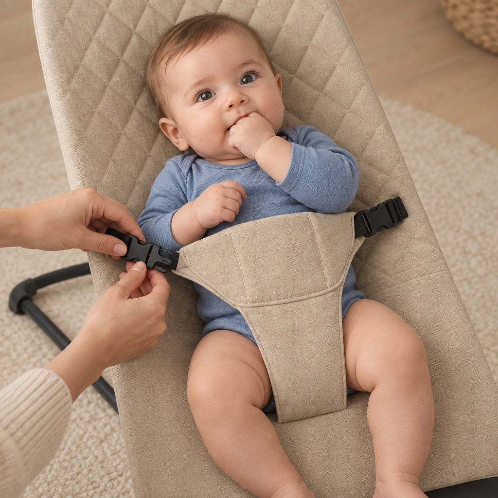 Parent fastening the side buckle of the bouncer harness around a baby