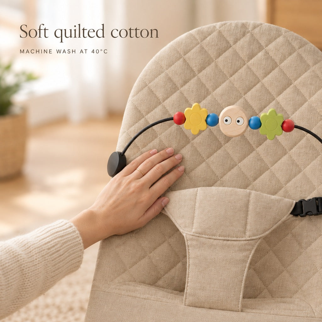 Close-up of the soft quilted cotton seat - machine wash at 40 degrees