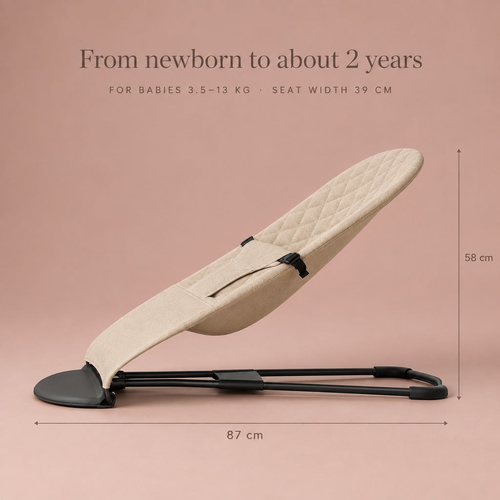 Baby bouncer size: 87 cm long, 58 cm high, seat width 39 cm, for babies 3.5-13 kg