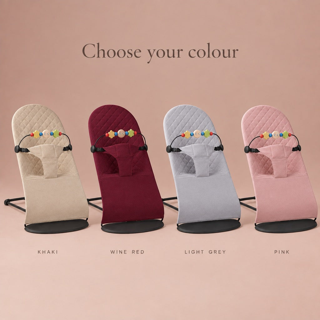 Baby bouncer colours: khaki, wine red, light grey and pink