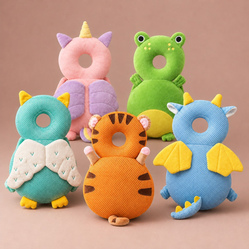 Baby back and head cushion backpack in five animal styles: owl, tiger, dragon, frog and unicorn