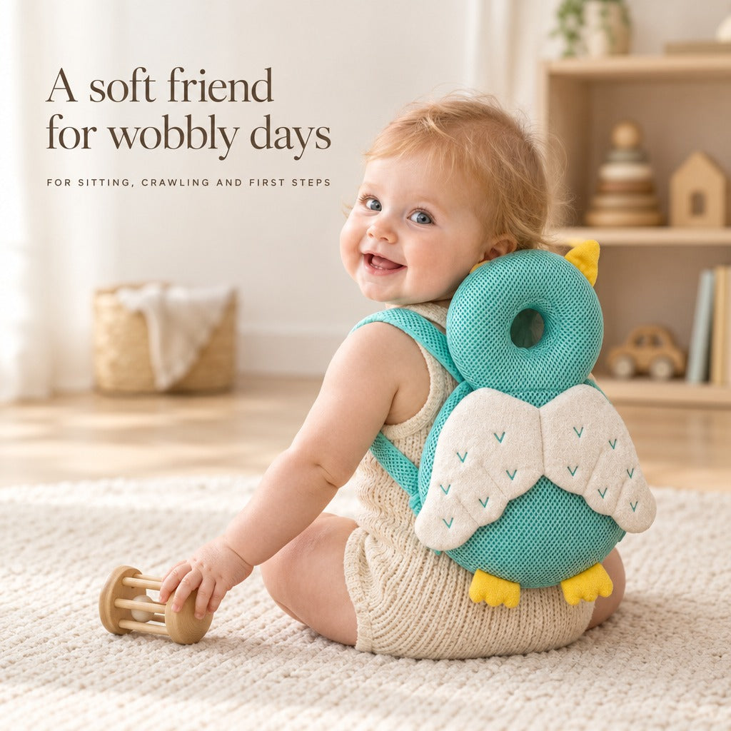 Smiling baby sitting on a play mat wearing the owl cushion backpack — A soft friend for wobbly days