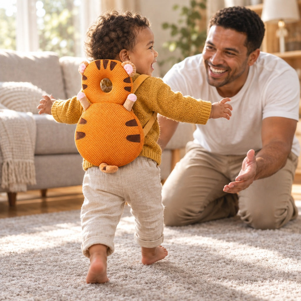 Toddler taking first steps toward dad wearing the tiger cushion backpack