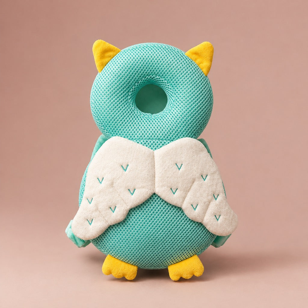 Teal owl baby cushion backpack with white wings