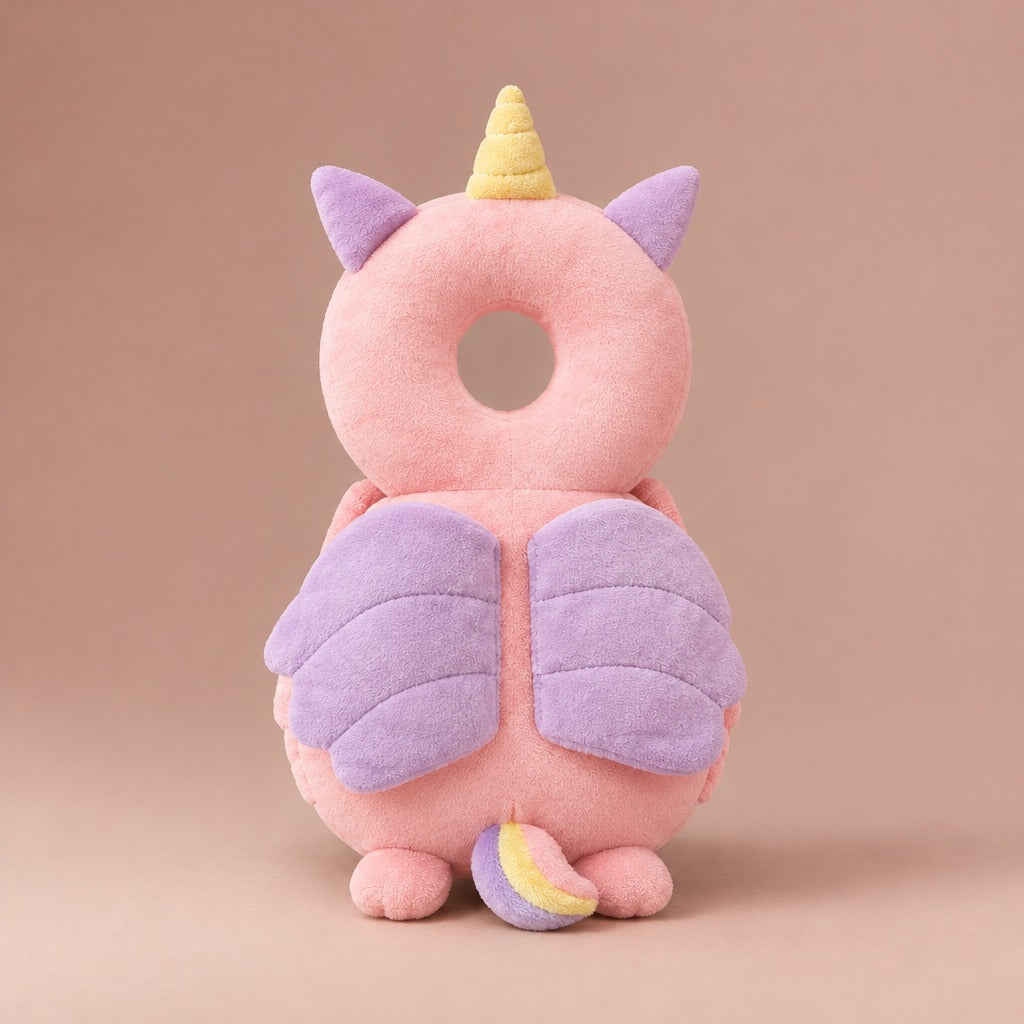 Pink unicorn plush baby cushion backpack with lilac wings
