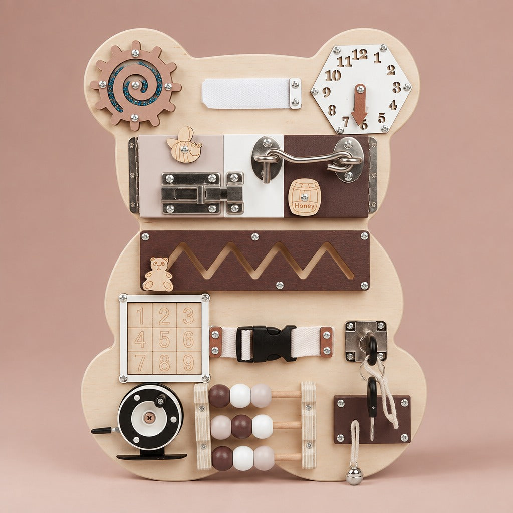 Bear-shaped wooden busy board with latches, clock, gear, puzzle and beads