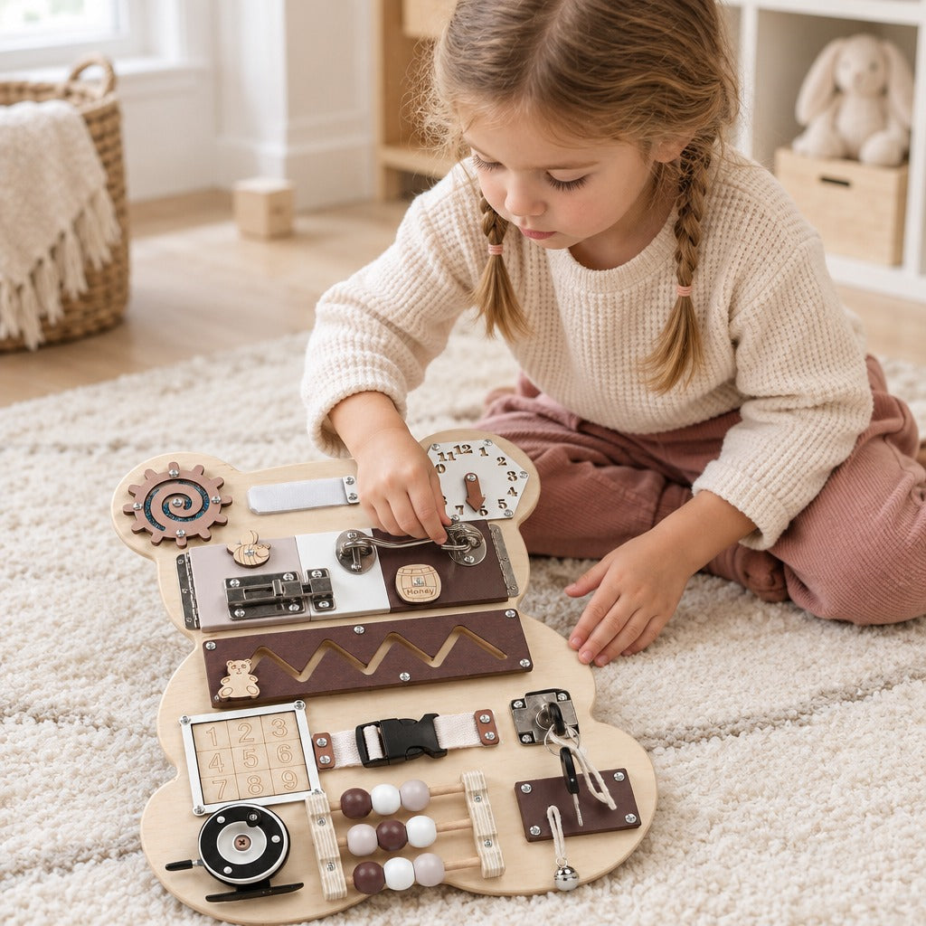 Child playing with the bear busy board on a rug
