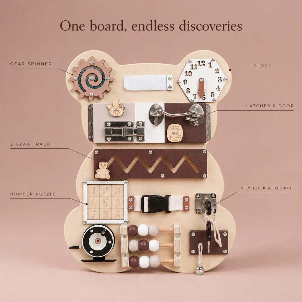 Bear busy board activities: gear spinner, clock, latches and door, zigzag track, number puzzle, key lock and buckle