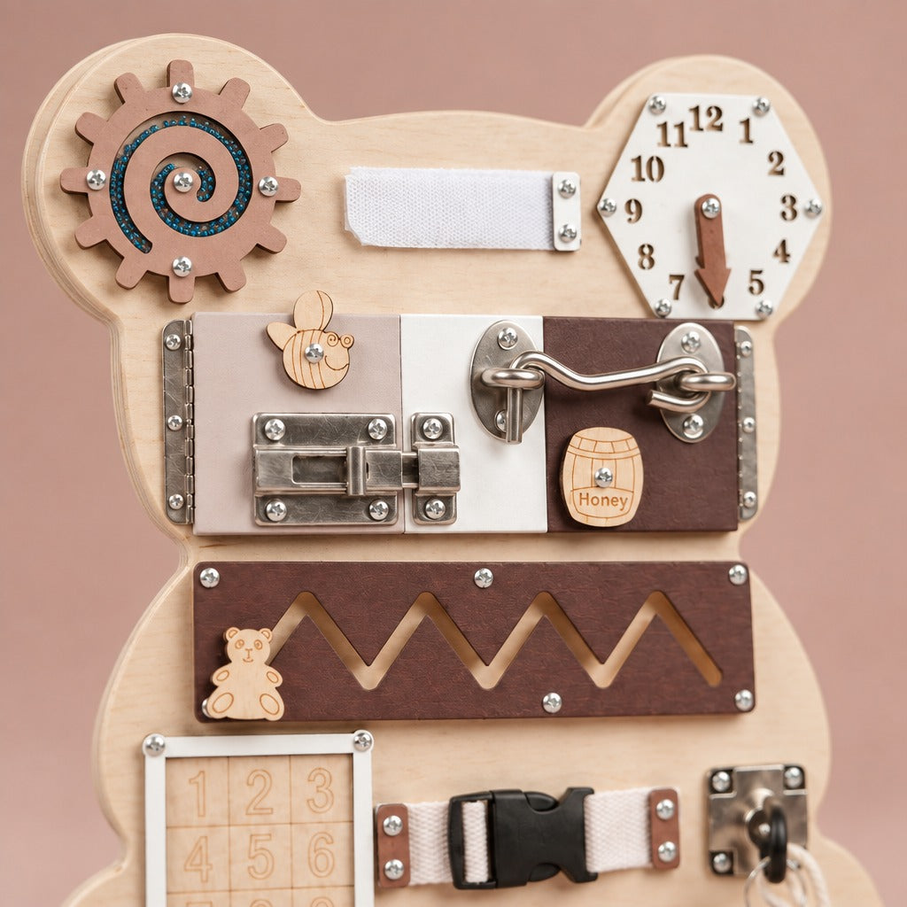 Close-up of the metal latches and door panel on the bear busy board