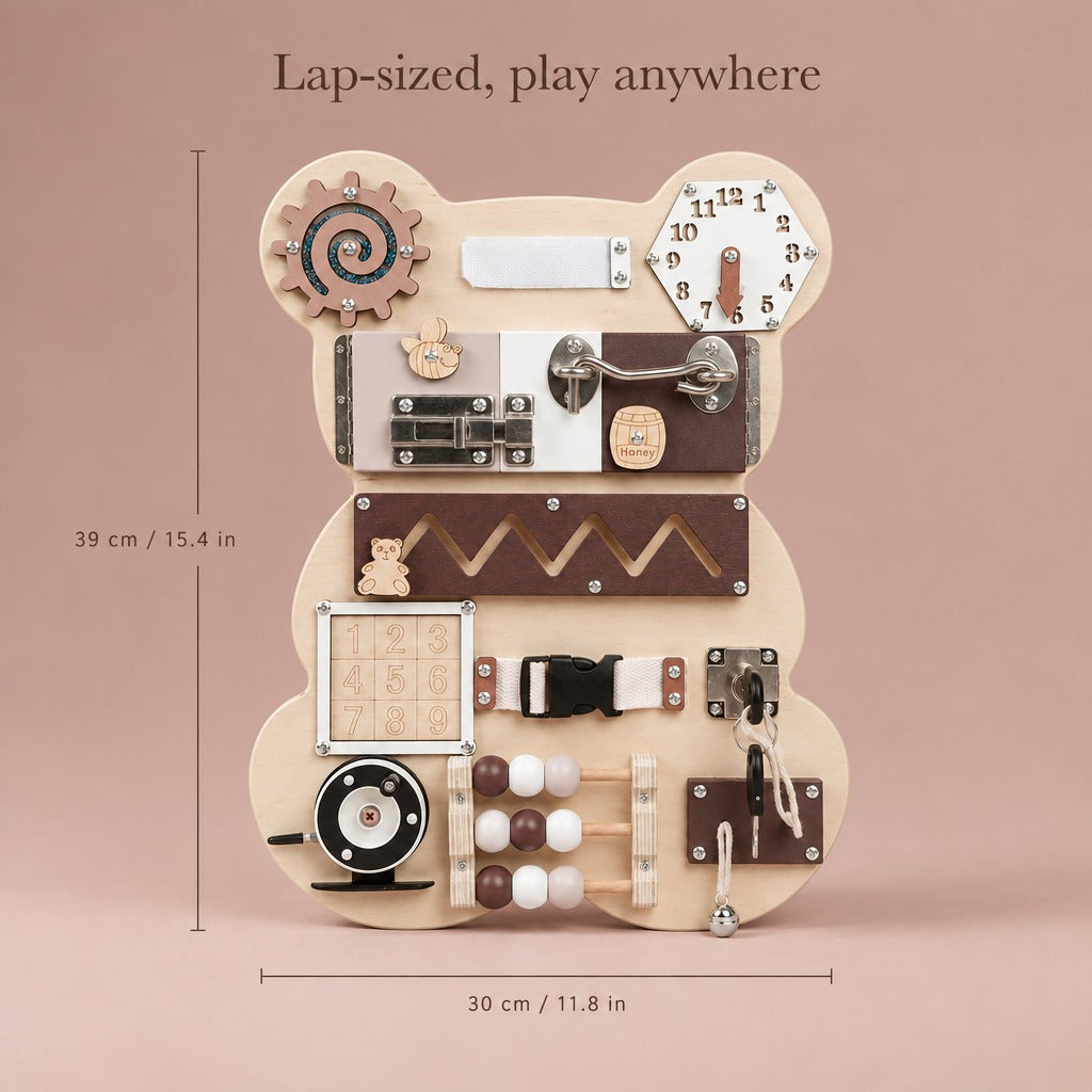 Bear busy board dimensions: 39 cm x 30 cm (15.4 x 11.8 in)