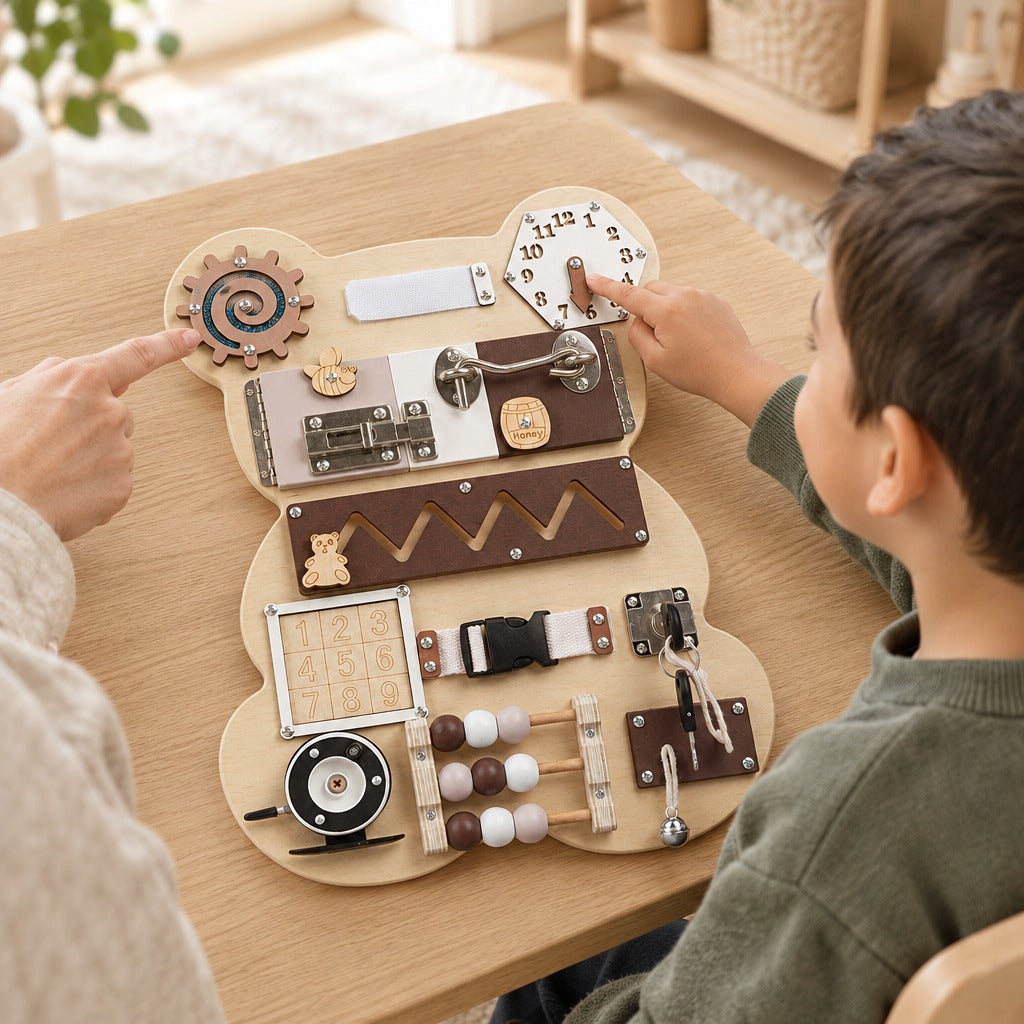 Child and parent exploring the clock on the bear busy board