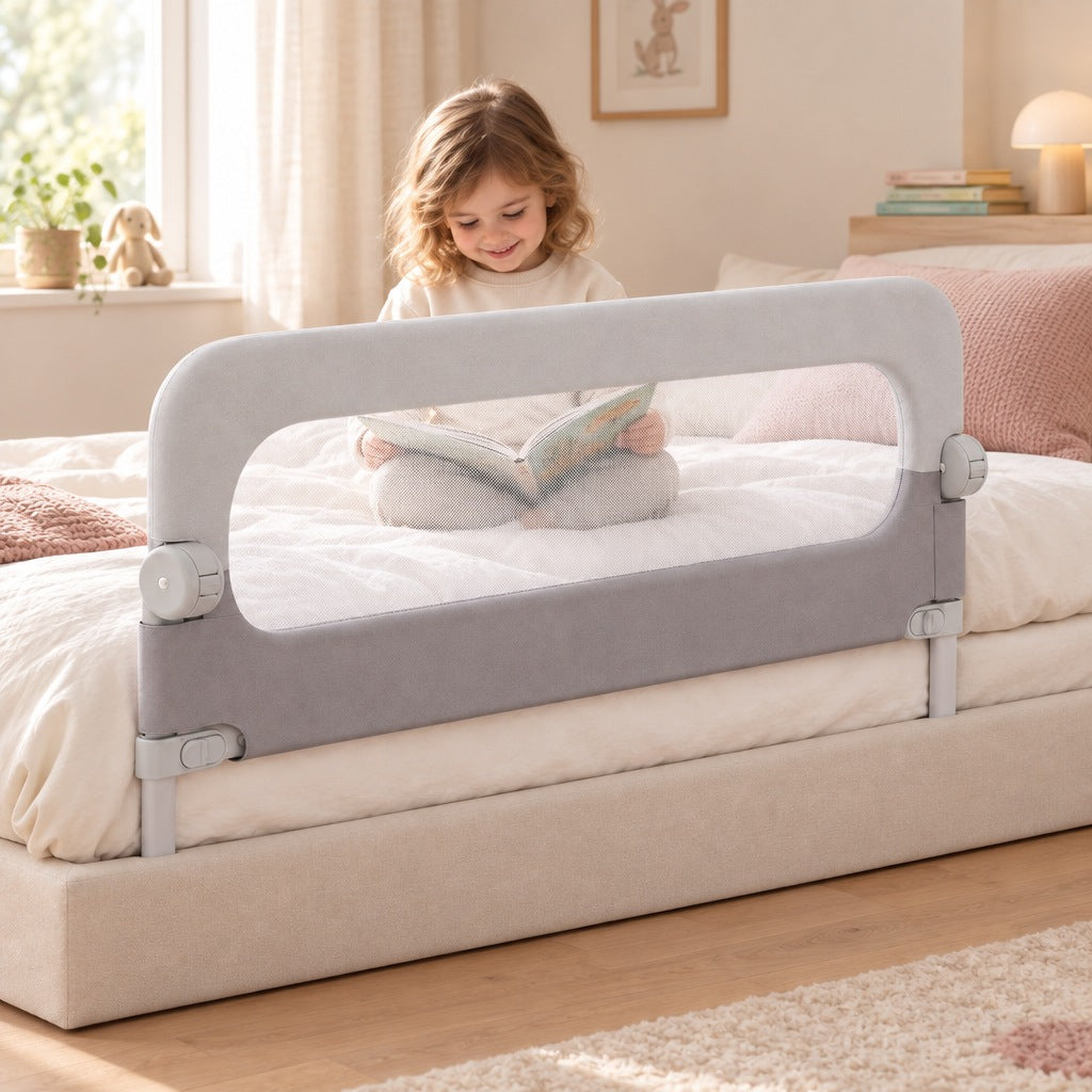 Toddler reading a picture book on a bed behind the grey mesh bed rail