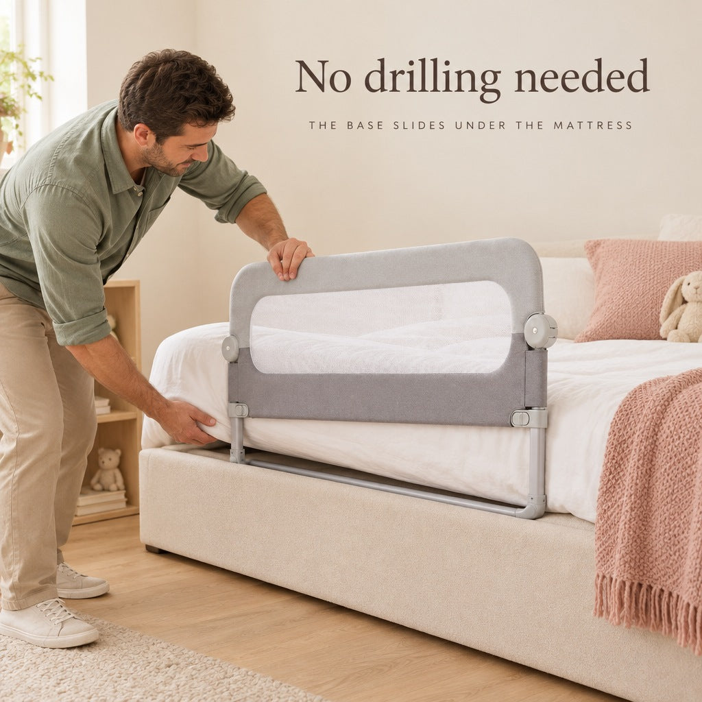 Parent sliding the bed rail base under the mattress - no drilling needed