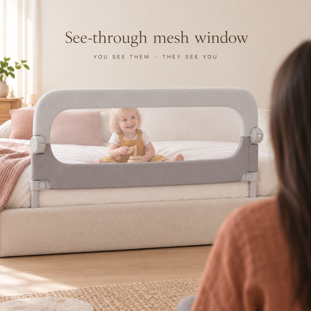 Toddler seen through the see-through mesh window of the bed rail