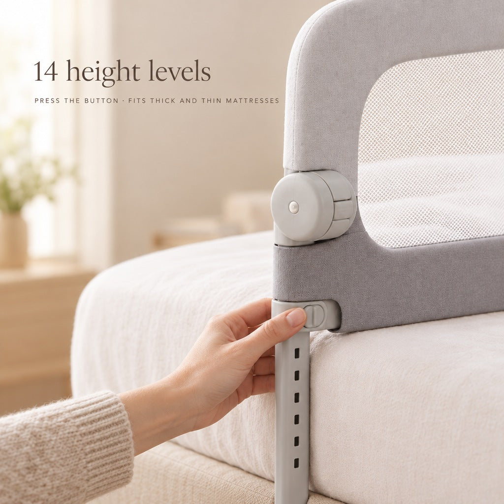 Hand pressing the height adjustment button on the bed rail leg - 14 height levels