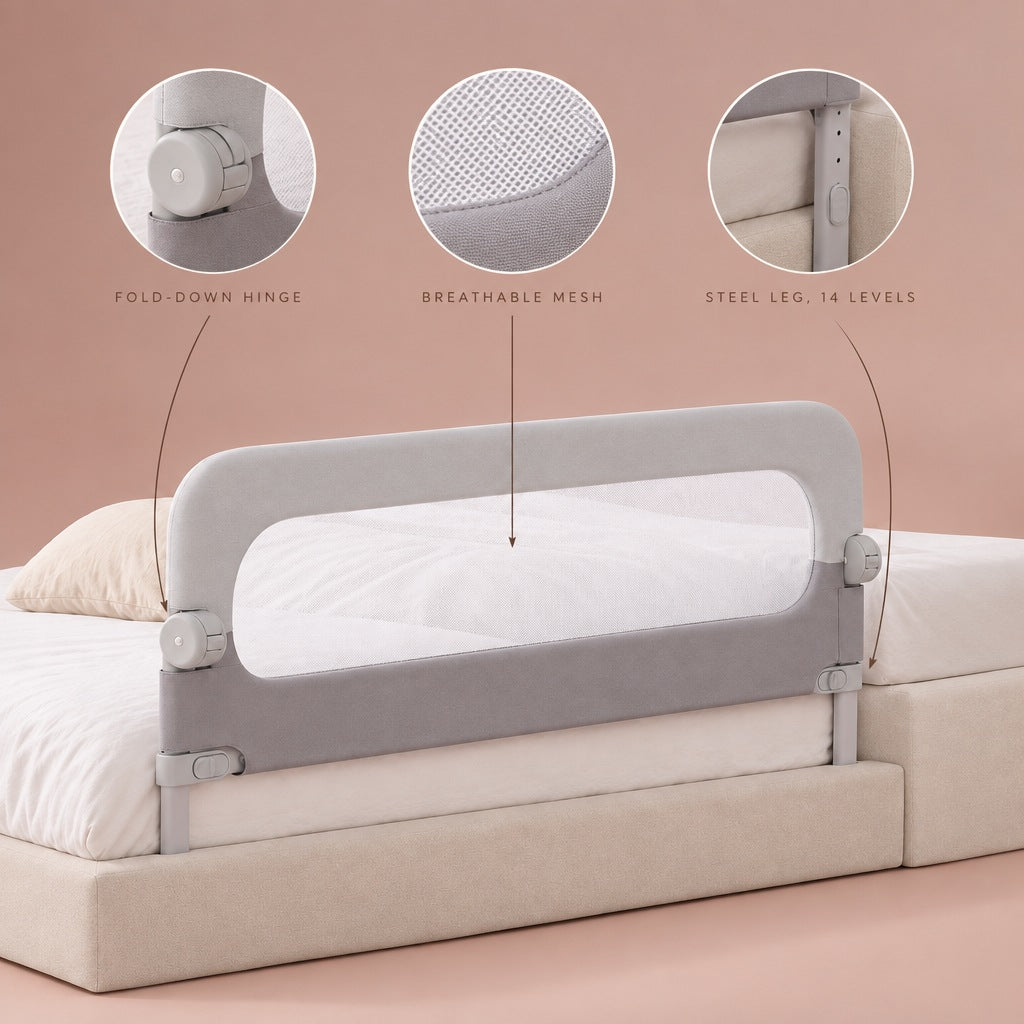 Bed rail details: fold-down hinge, breathable mesh, steel leg with 14 levels