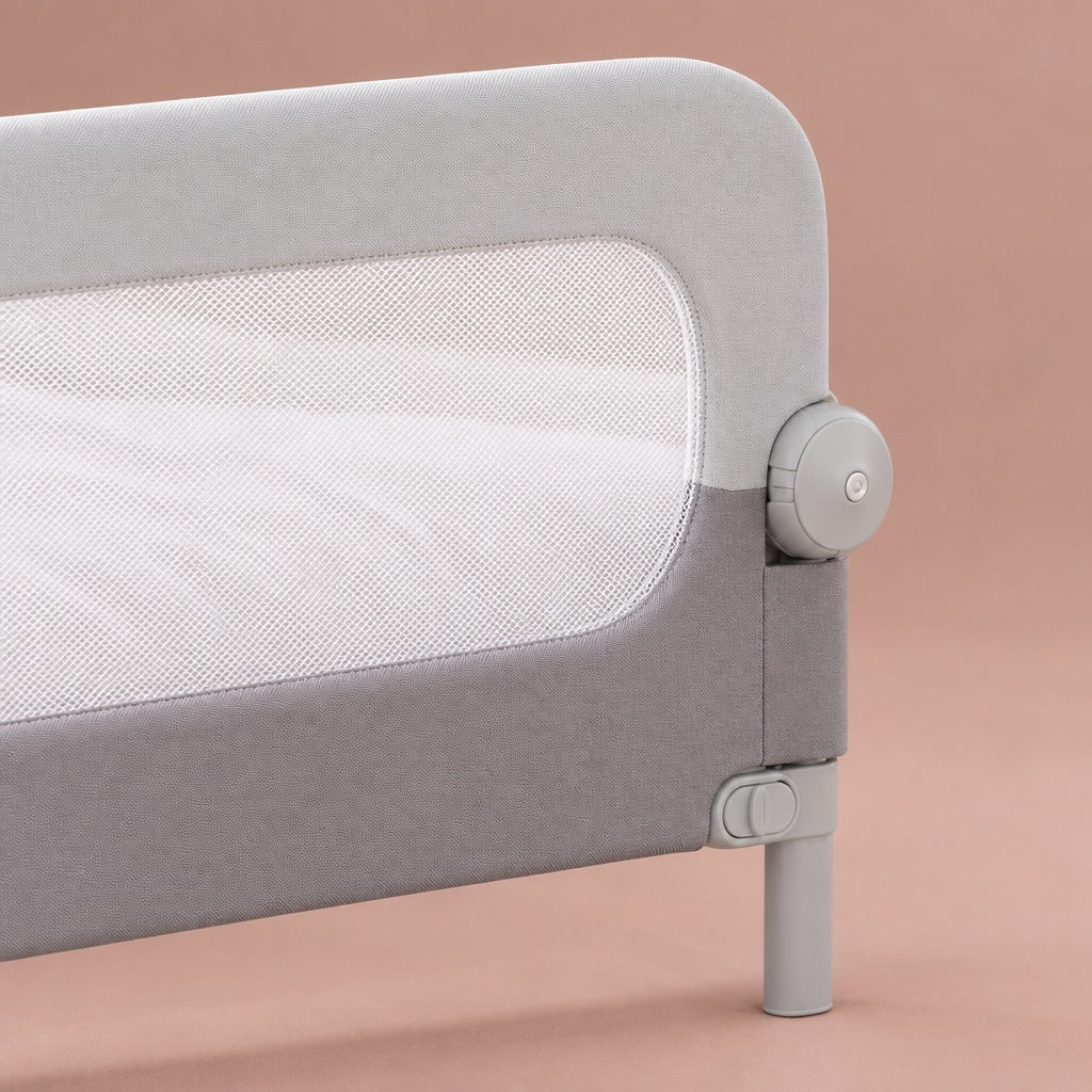 Close-up of the bed rail mesh window, fabric seam and hinge knob