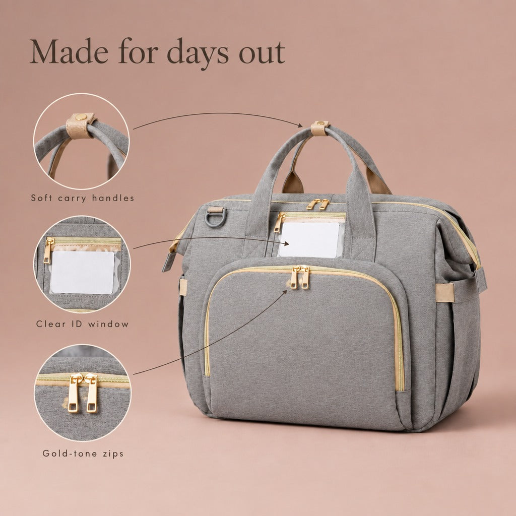 Changing bag details: soft carry handles, clear ID window, gold-tone zips