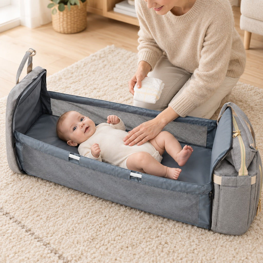 Baby lying in the fold-out bed of the changing bag with a parent beside