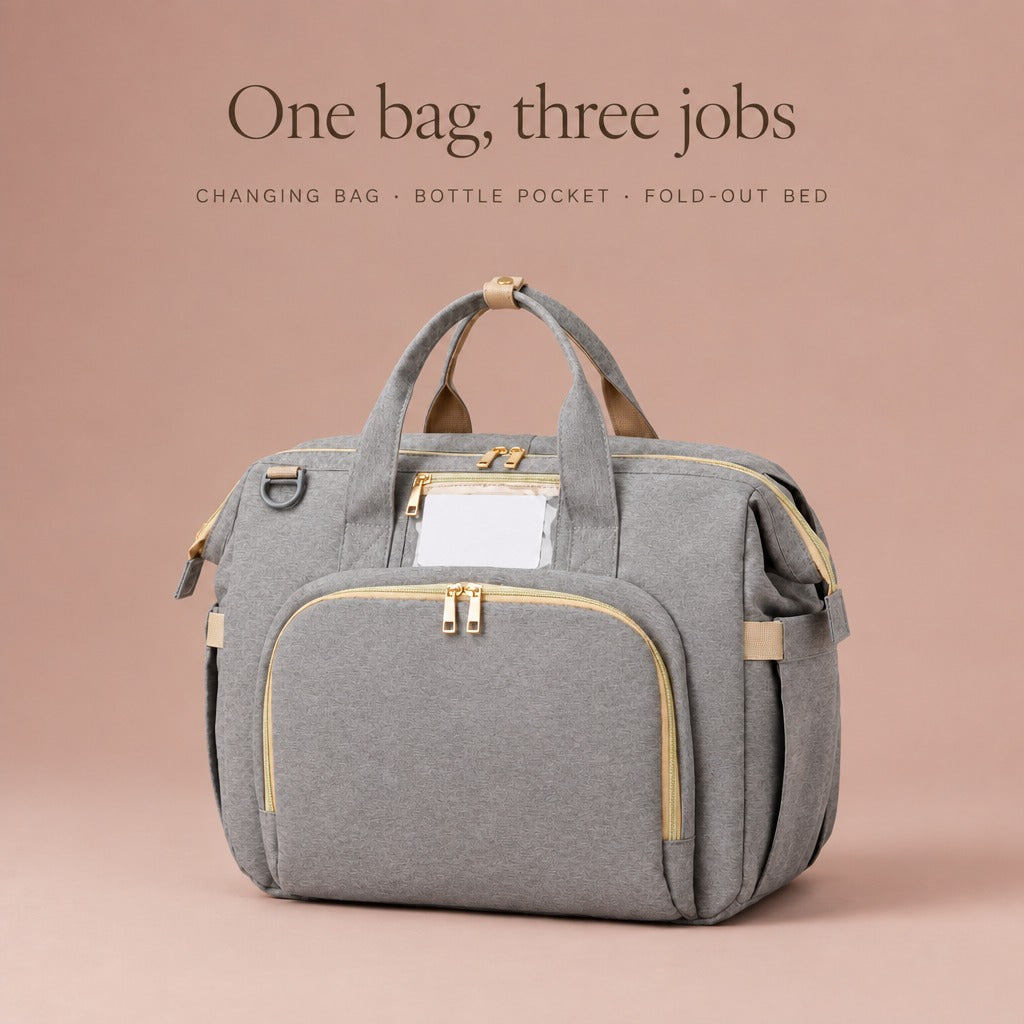 One bag, three jobs: changing bag, bottle pocket, fold-out bed