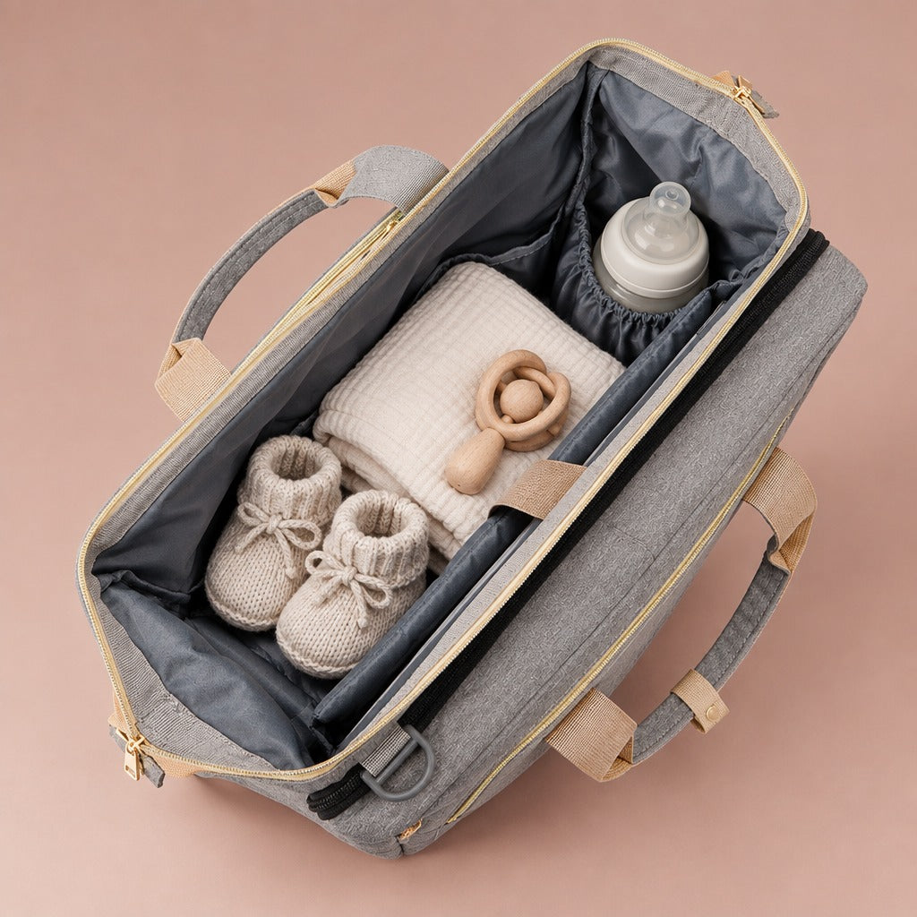 Main compartment of the changing bag packed with baby essentials