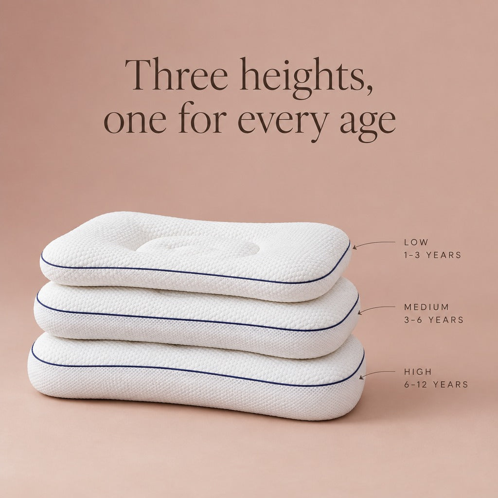 Kids pillow in three heights: low 1-3 years, medium 3-6 years, high 6-12 years