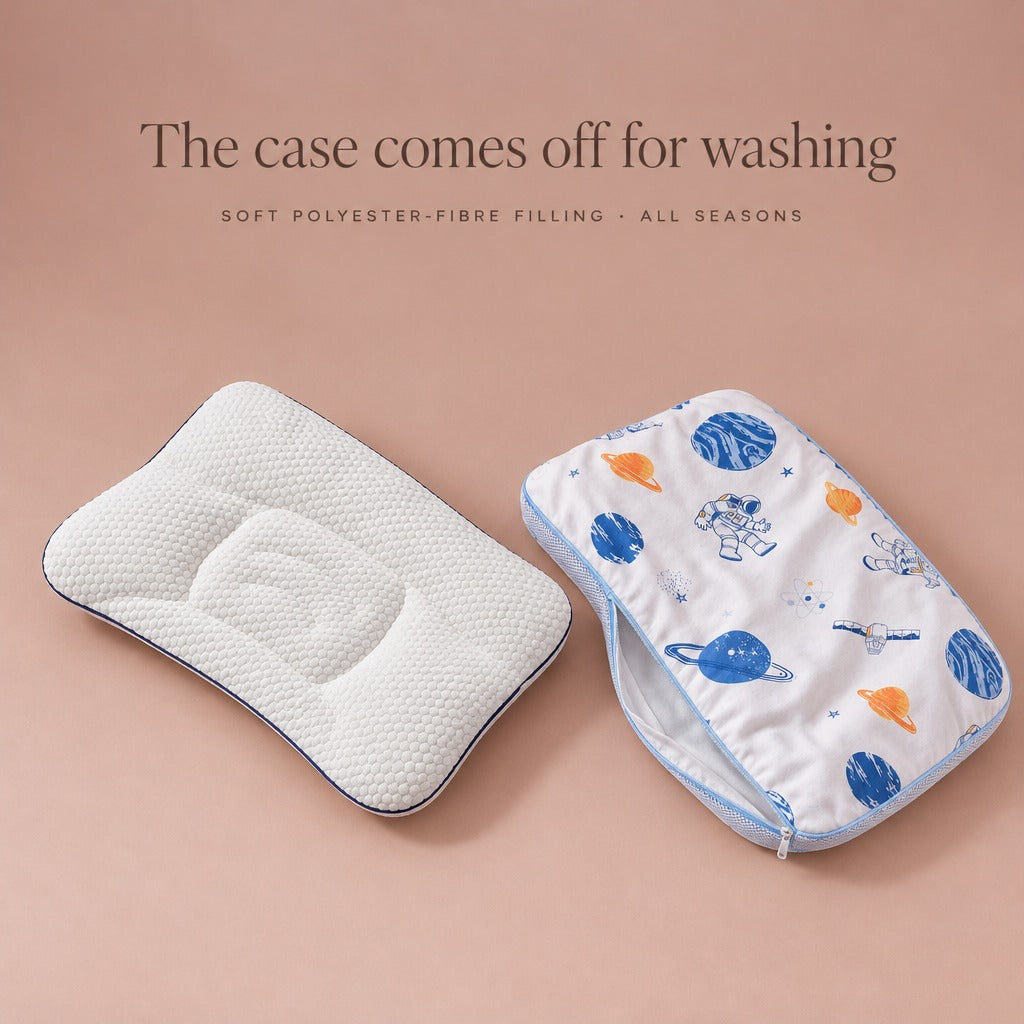 Kids pillow with the removable astronaut case taken off for washing