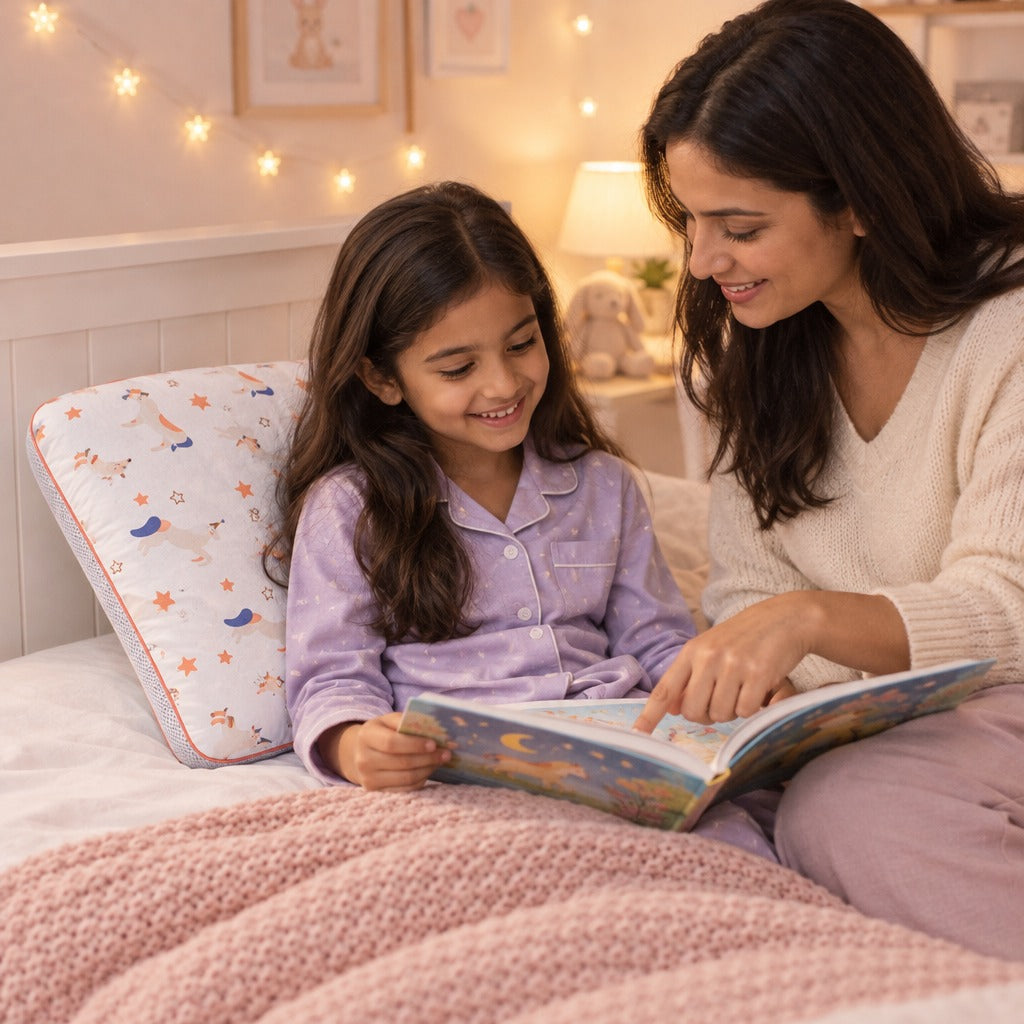 Girl reading with her mother, sitting up against her unicorn print kids pillow