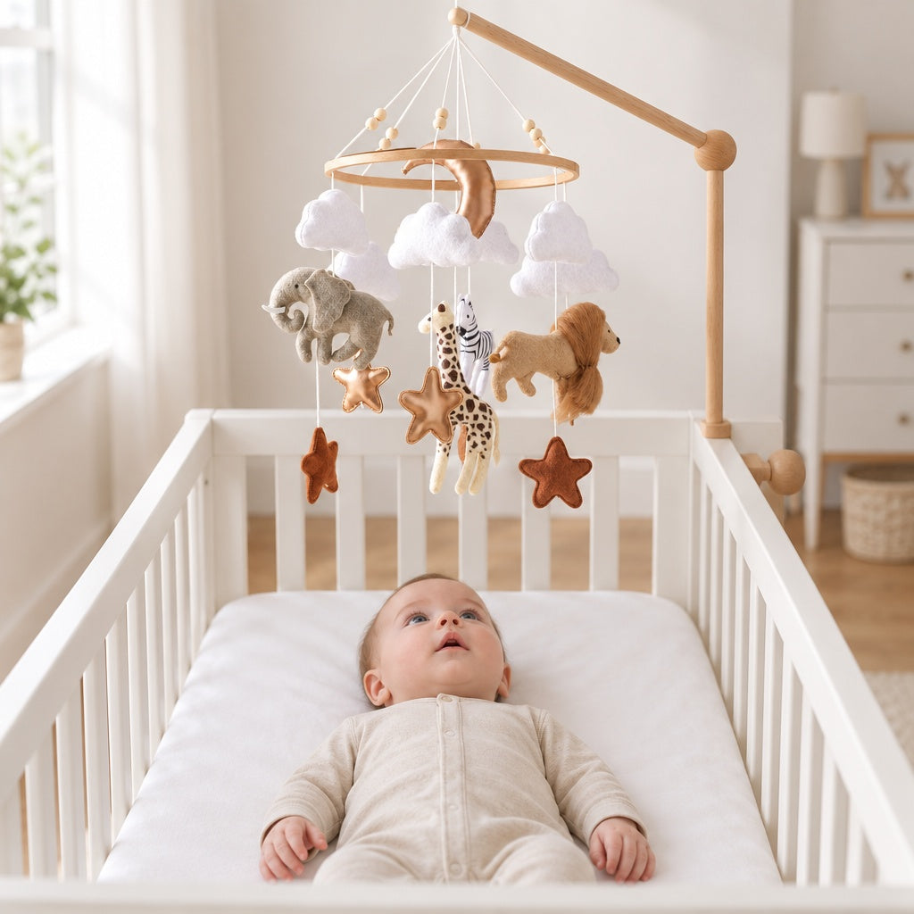 Baby lying awake in a crib looking up at the felt animal mobile on its wooden arm