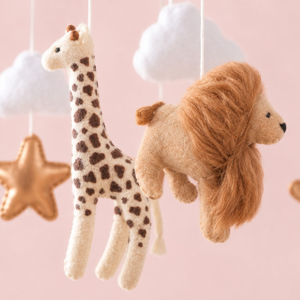 Close-up of the felt giraffe and lion of the crib mobile