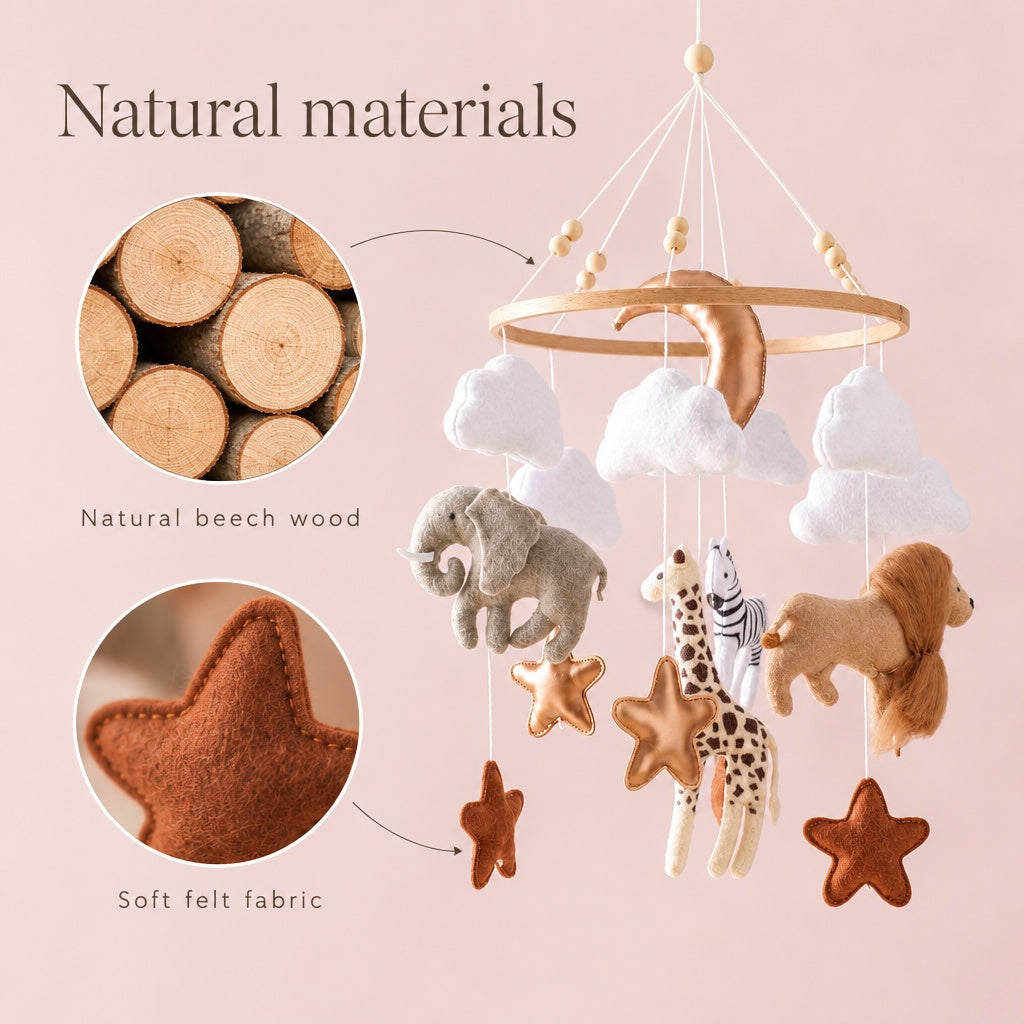 Crib mobile materials: natural beech wood ring and soft felt fabric