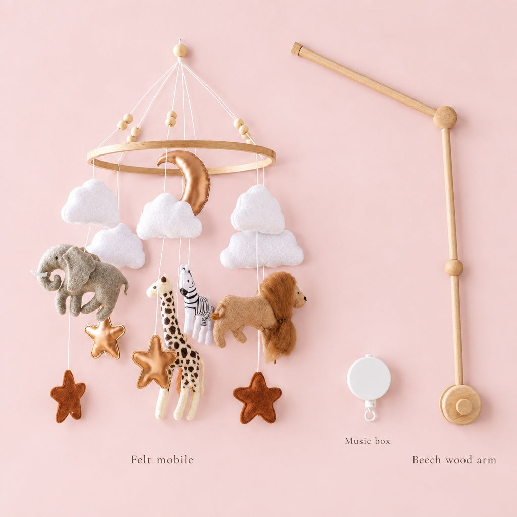 What is included: felt mobile, beech wood crib arm and music box