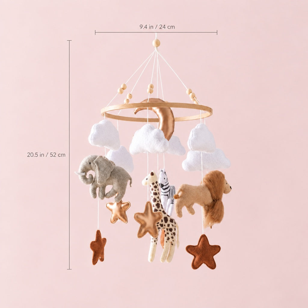 Felt crib mobile dimensions: 9.4 in wide, 20.5 in tall