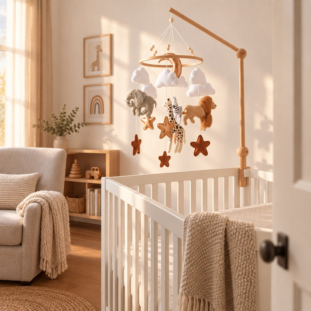 Nursery with the felt animal crib mobile hanging over a white crib