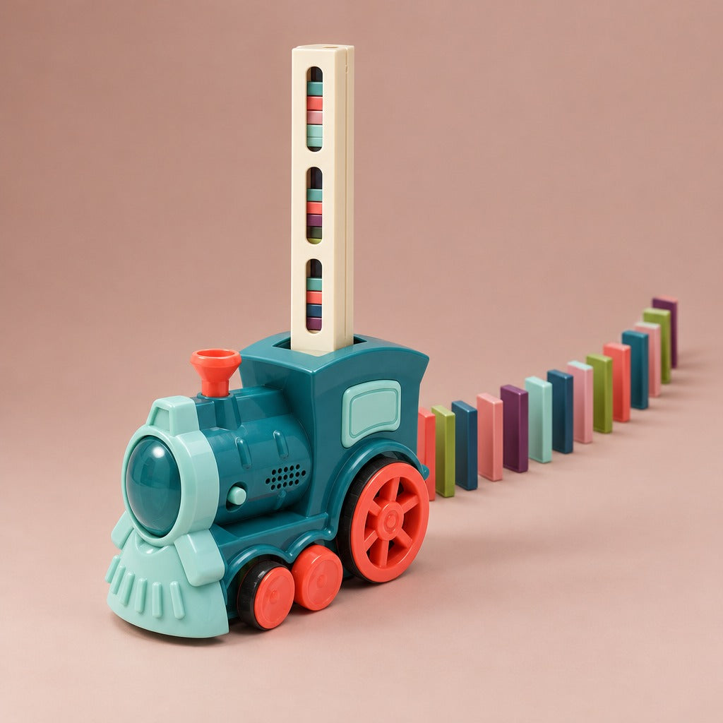 Green domino train toy with domino column, laying a line of colourful dominoes