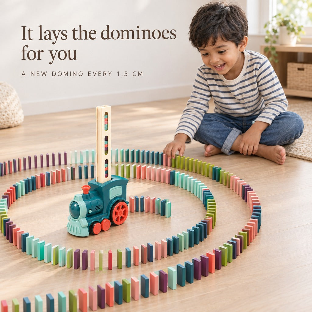 Boy watching the domino train lay a spiral of dominoes on the floor - a new domino every 1.5 cm