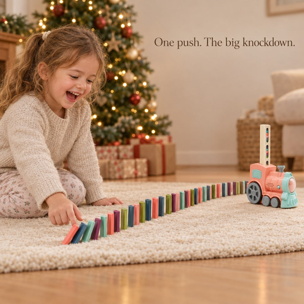Girl pushing the first domino by the Christmas tree as the line falls, pink domino train at the end