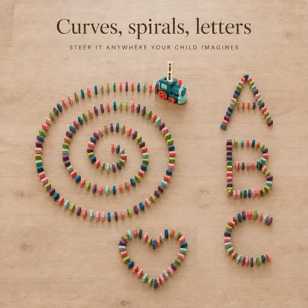 Domino spiral, letters A B C and a heart laid out by the domino train